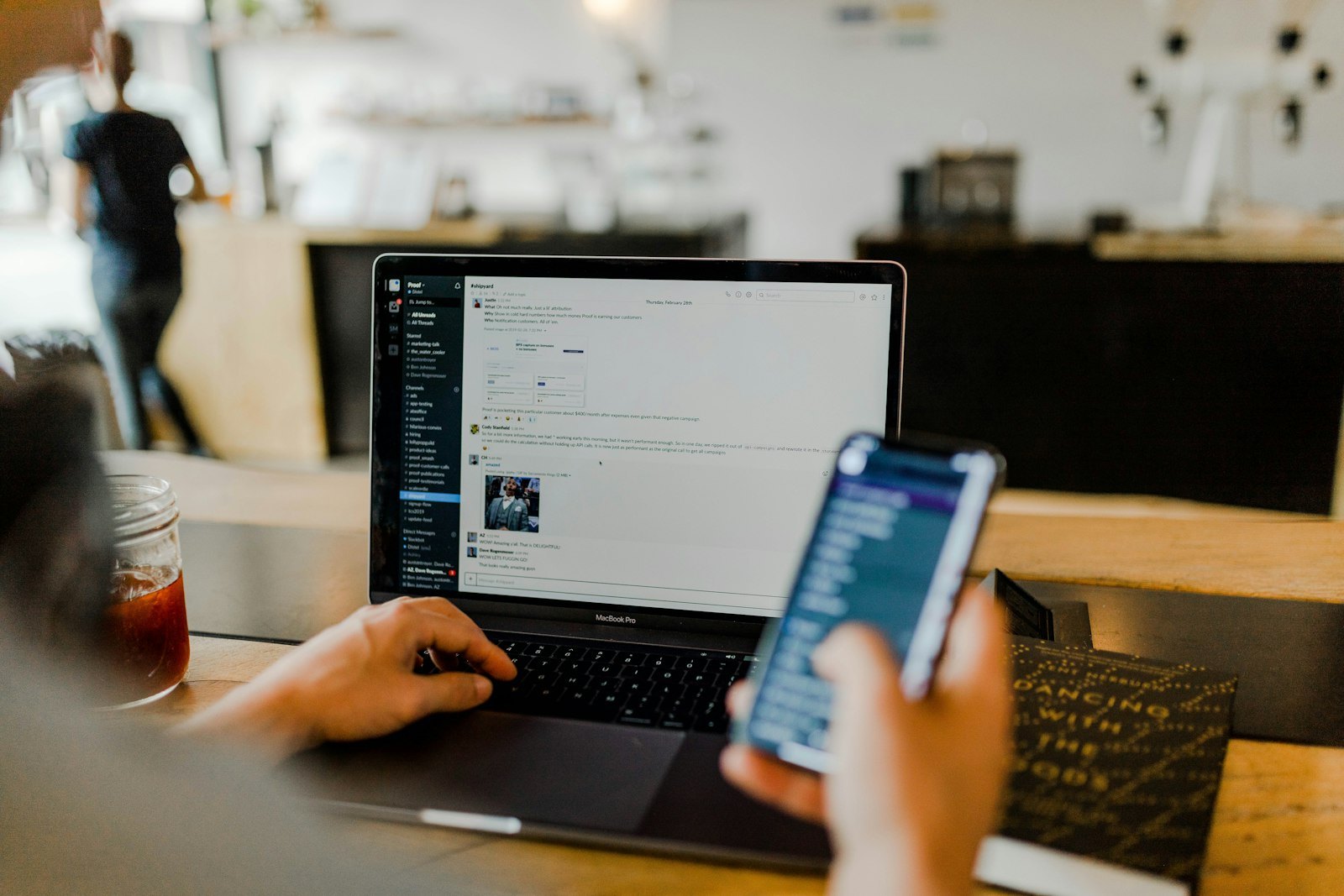 Fintech product interface on a laptop in a modern office